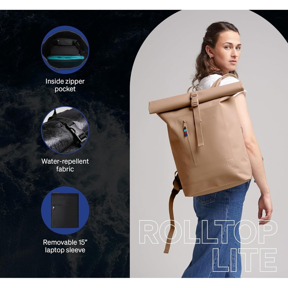 GOT BAG Rolltop‎ Lite Backpack Driftwood Tan Eco Friendly Laptop Sleeve NWT Hike - Picture 15 of 16
